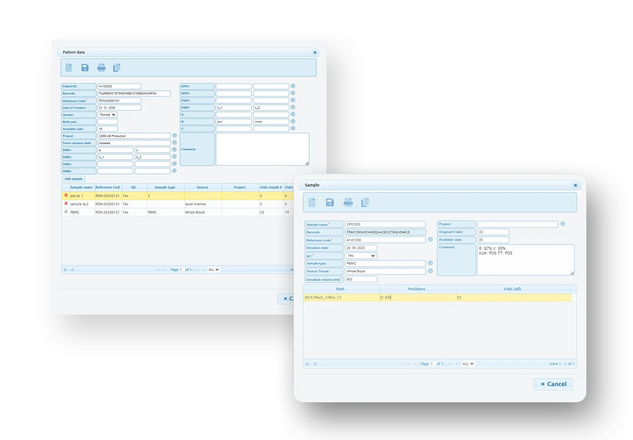 LABA LIMS Biobanking module interface showing custom patient registry, dynamic consent tracking, and bespoke clinical sample repository