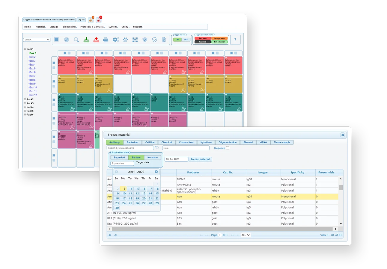 LABA LIMS Custom Virtual Storage module software interface showing bespoke digital mapping of laboratory freezers and cryo-tanks